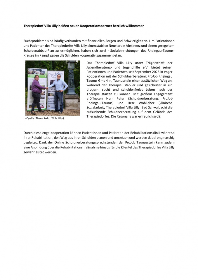 Kooperation Therapiedorf Villa Lilly und ProJob