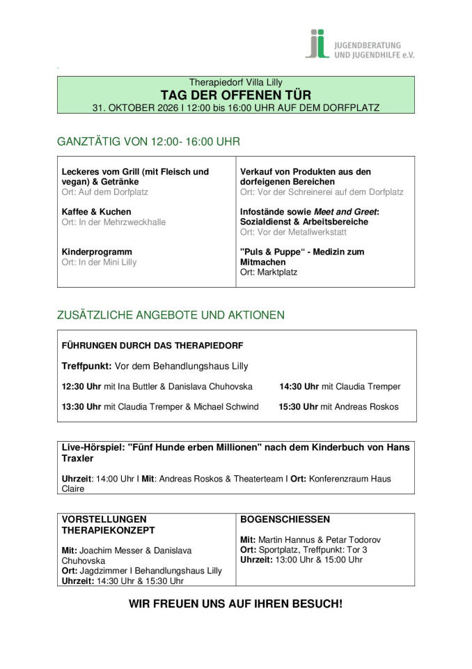 Tag der offenen Tür im Therapiedorf Villa Lilly – unser Programm steht!